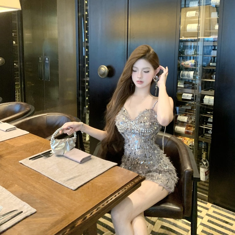 Vogue Sparkly Silver Sequin Bodycon Mini Dress Charming Rhinestone Accent Spaghetti Straps Short Dress AP2008