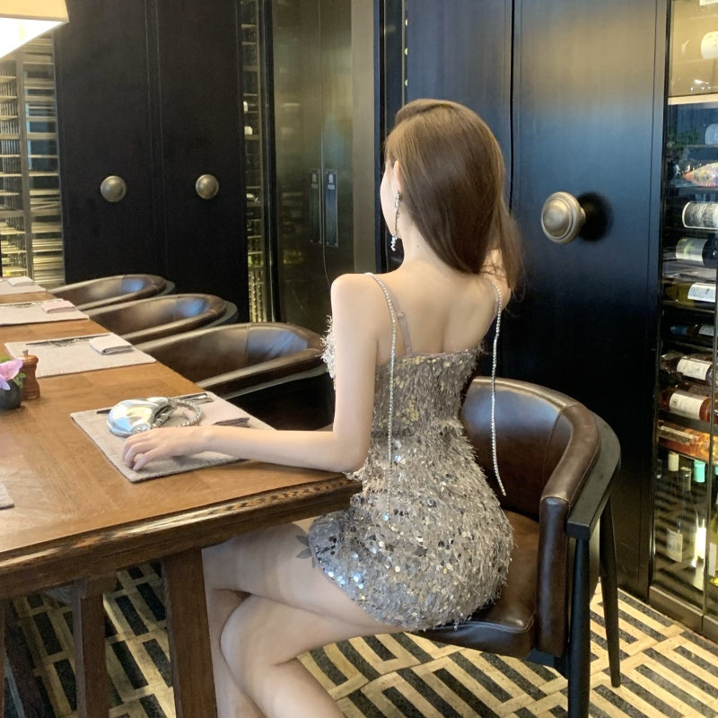 Vogue Sparkly Silver Sequin Bodycon Mini Dress Charming Rhinestone Accent Spaghetti Straps Short Dress AP2008