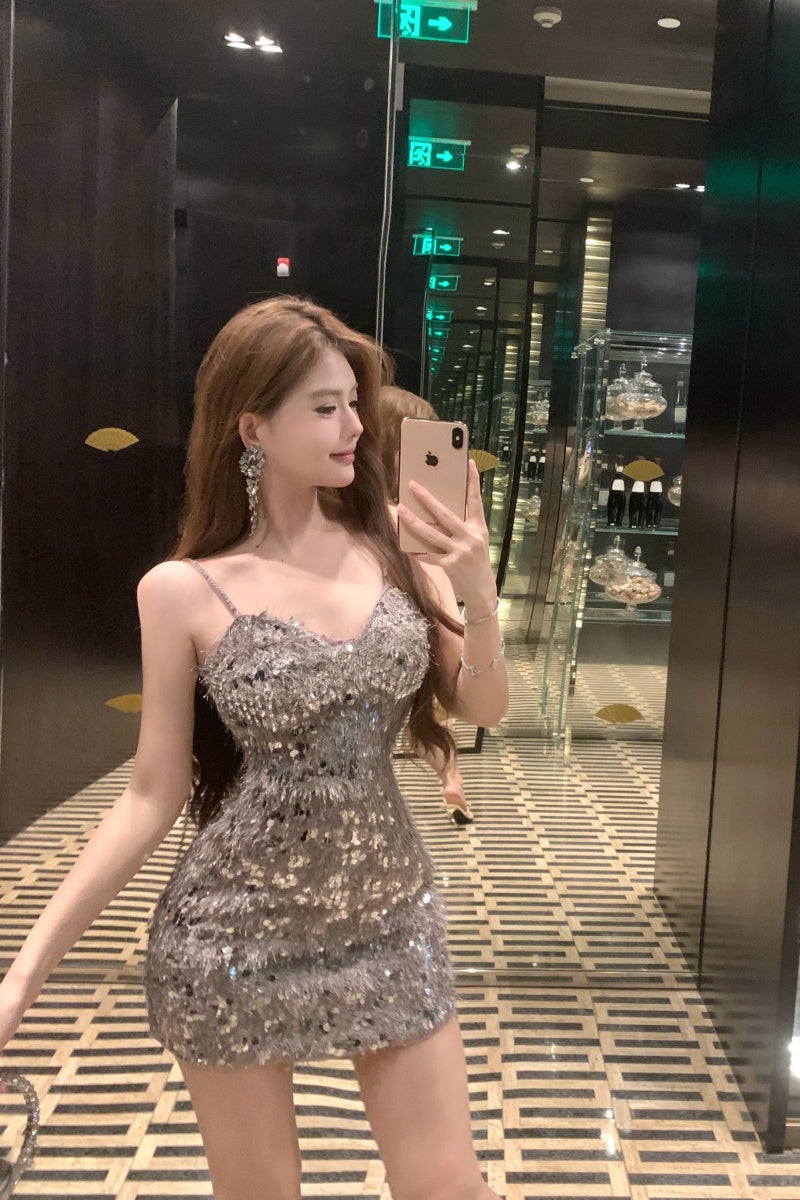 Vogue Sparkly Silver Sequin Bodycon Mini Dress Charming Rhinestone Accent Spaghetti Straps Short Dress AP2008