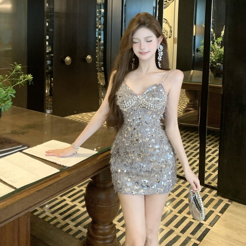 Vogue Sparkly Silver Sequin Bodycon Mini Dress Charming Rhinestone Accent Spaghetti Straps Short Dress AP2008