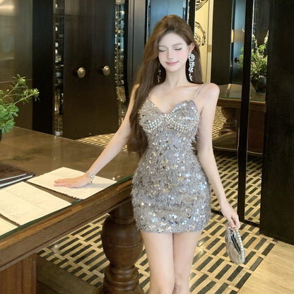 Vogue Sparkly Silver Sequin Bodycon Mini Dress Charming Rhinestone Accent Spaghetti Straps Short Dress AP2008
