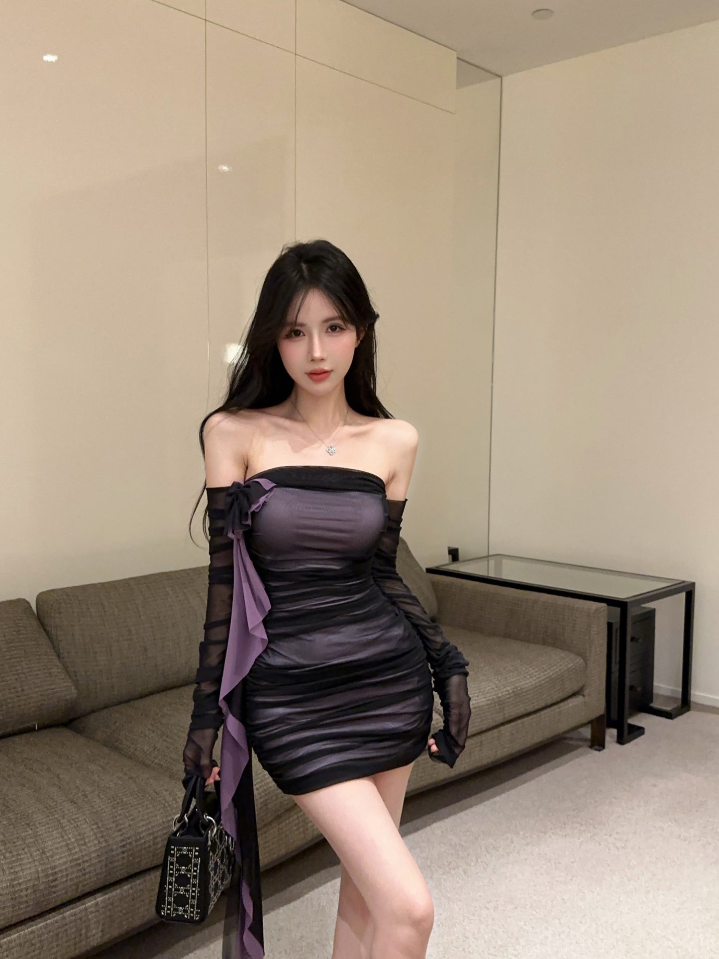 Alluring Black & Purple Off-Shoulder Bow Streamers Mini Skirt Gen Z Style Bodycon Sheer Mesh Overlay Short Dress AP2009