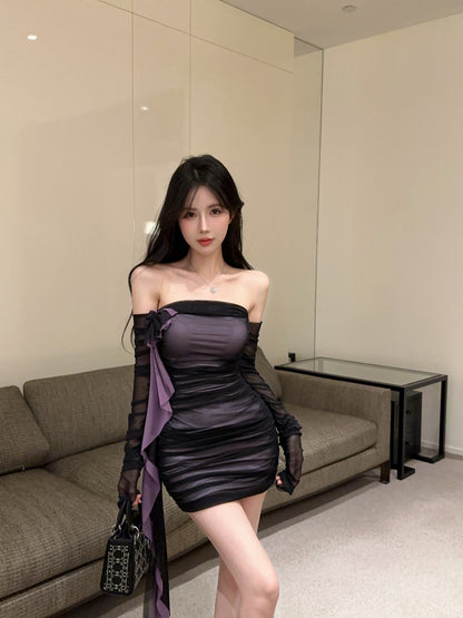 Alluring Black & Purple Off-Shoulder Bow Streamers Mini Skirt Gen Z Style Bodycon Sheer Mesh Overlay Short Dress AP2009
