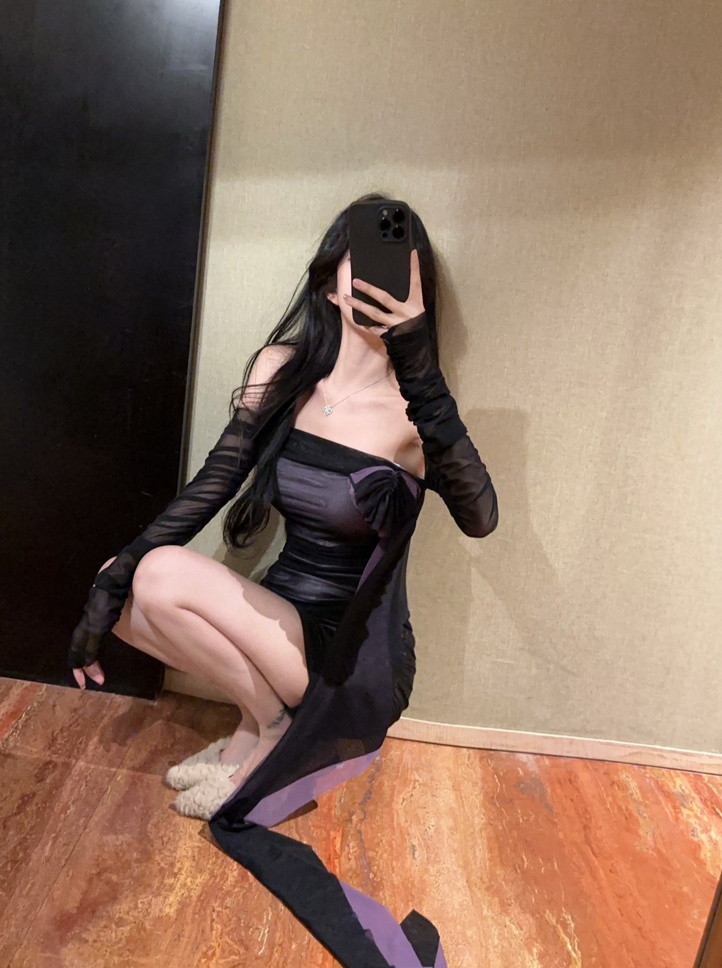 Alluring Black & Purple Off-Shoulder Bow Streamers Mini Skirt Gen Z Style Bodycon Sheer Mesh Overlay Short Dress AP2009