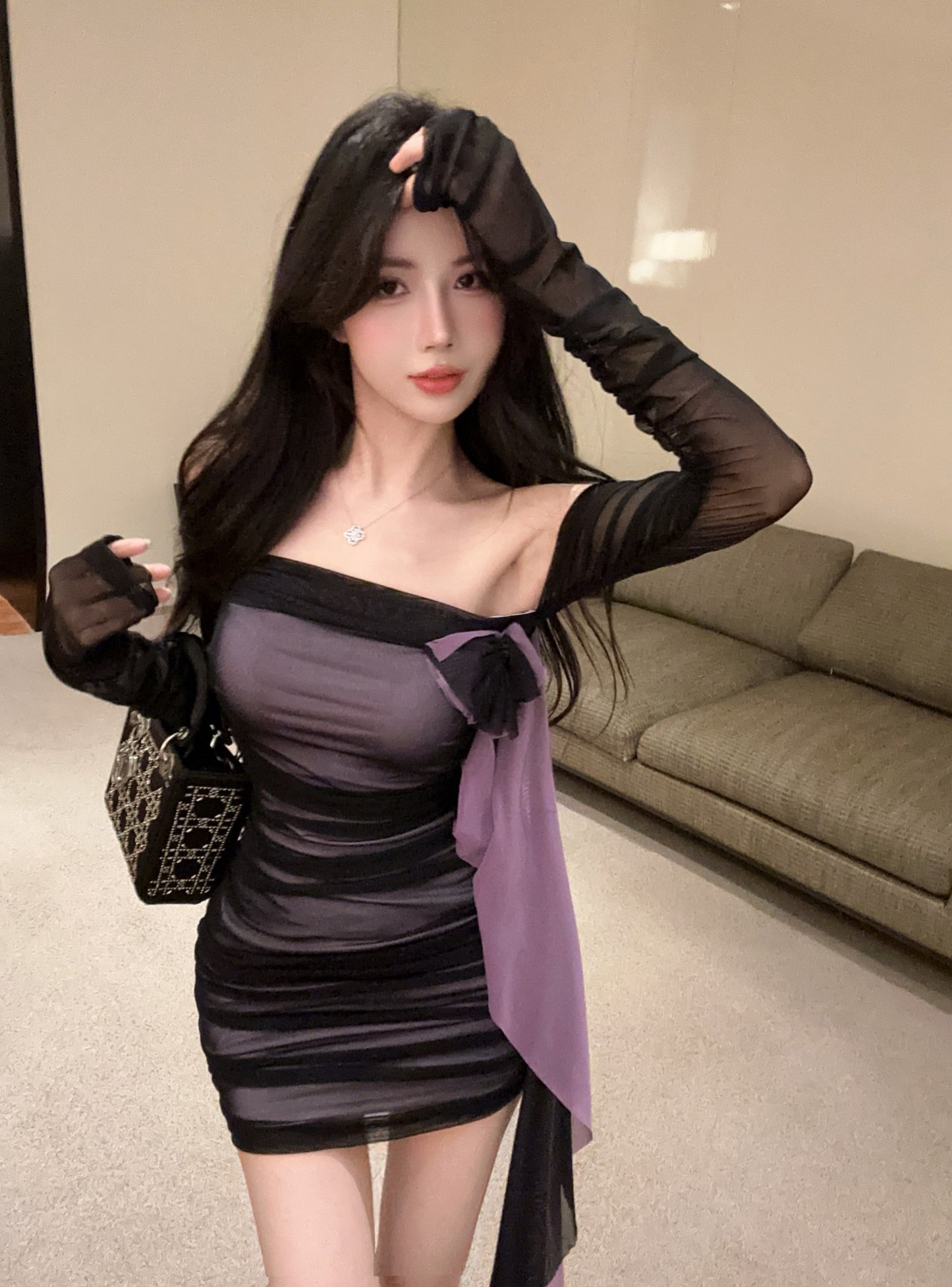 Alluring Black & Purple Off-Shoulder Bow Streamers Mini Skirt Gen Z Style Bodycon Sheer Mesh Overlay Short Dress AP2009