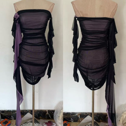 Alluring Black & Purple Off-Shoulder Bow Streamers Mini Skirt Gen Z Style Bodycon Sheer Mesh Overlay Short Dress AP2009
