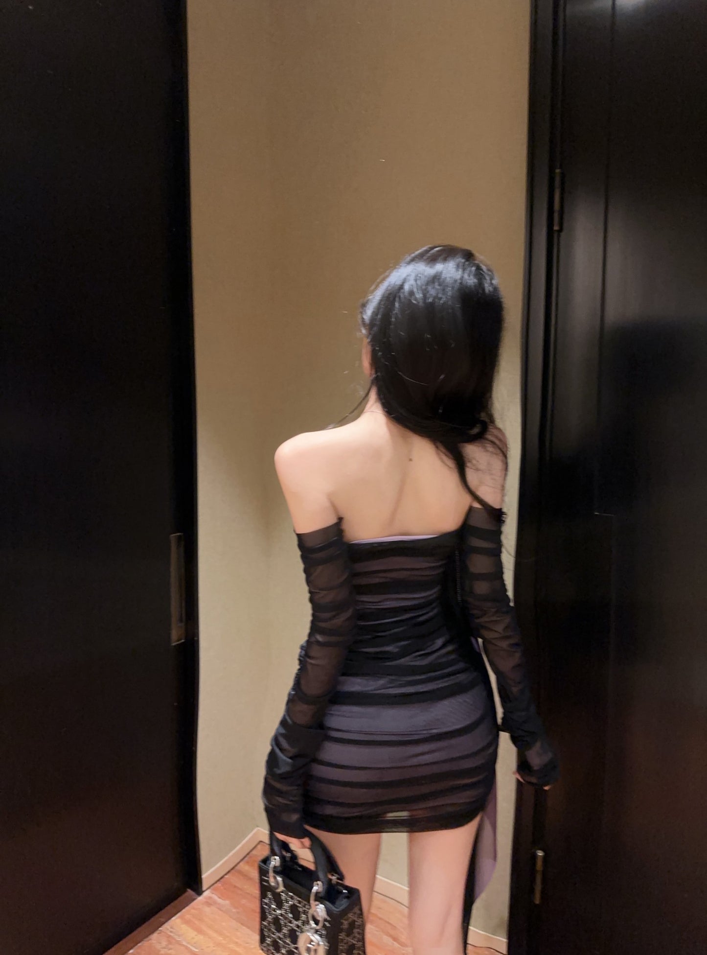 Alluring Black & Purple Off-Shoulder Bow Streamers Mini Skirt Gen Z Style Bodycon Sheer Mesh Overlay Short Dress AP2009