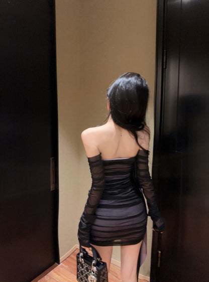 Alluring Black & Purple Off-Shoulder Bow Streamers Mini Skirt Gen Z Style Bodycon Sheer Mesh Overlay Short Dress AP2009