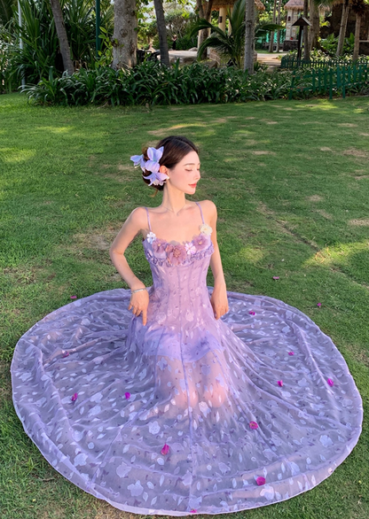 Dreamy Beach Getaways Lavender Spaghetti Strap Maxi Dress Graceful  3D Floral Appliques Long Dress AP2010
