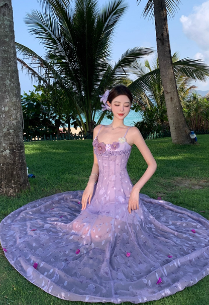 Dreamy Beach Getaways Lavender Spaghetti Strap Maxi Dress Graceful  3D Floral Appliques Long Dress AP2010