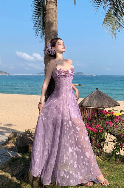 Dreamy Beach Getaways Lavender Spaghetti Strap Maxi Dress Graceful  3D Floral Appliques Long Dress AP2010