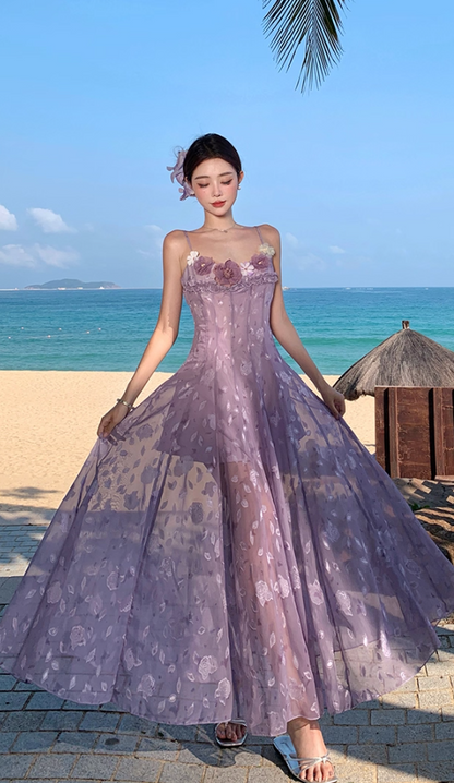 Dreamy Beach Getaways Lavender Spaghetti Strap Maxi Dress Graceful  3D Floral Appliques Long Dress AP2010
