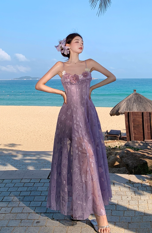 Dreamy Beach Getaways Lavender Spaghetti Strap Maxi Dress Graceful  3D Floral Appliques Long Dress AP2010