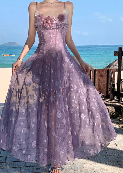 Dreamy Beach Getaways Lavender Spaghetti Strap Maxi Dress Graceful  3D Floral Appliques Long Dress AP2010