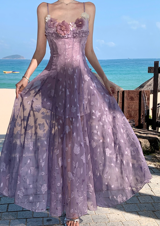 Dreamy Beach Getaways Lavender Spaghetti Strap Maxi Dress Graceful  3D Floral Appliques Long Dress AP2010