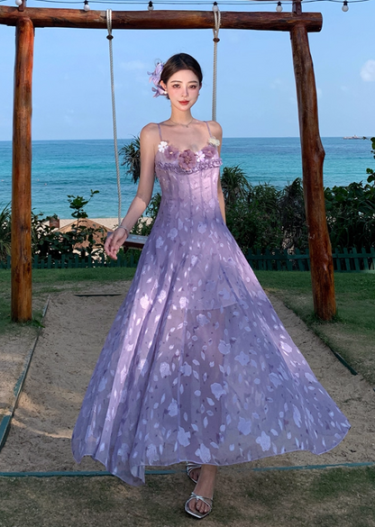 Dreamy Beach Getaways Lavender Spaghetti Strap Maxi Dress Graceful  3D Floral Appliques Long Dress AP2010