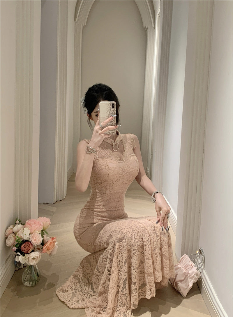 Graceful Beige Lace Sheer Sleeveless Maxi Dress Alluring Mermaid Hem Cutout Evening Parties Long Dress AP2011