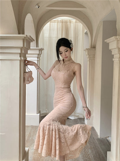 Graceful Beige Lace Sheer Sleeveless Maxi Dress Alluring Mermaid Hem Cutout Evening Parties Long Dress AP2011