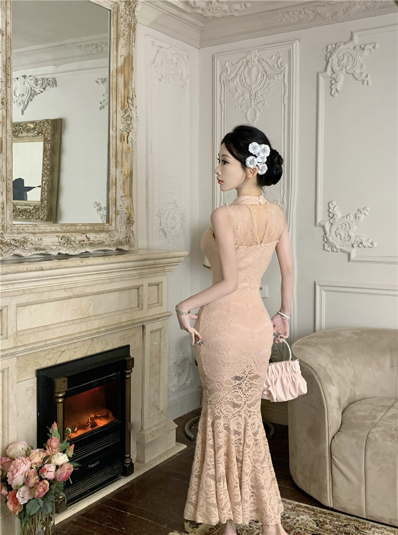 Graceful Beige Lace Sheer Sleeveless Maxi Dress Alluring Mermaid Hem Cutout Evening Parties Long Dress AP2011