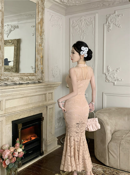 Graceful Beige Lace Sheer Sleeveless Maxi Dress Alluring Mermaid Hem Cutout Evening Parties Long Dress AP2011