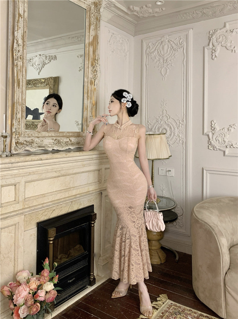 Graceful Beige Lace Sheer Sleeveless Maxi Dress Alluring Mermaid Hem Cutout Evening Parties Long Dress AP2011