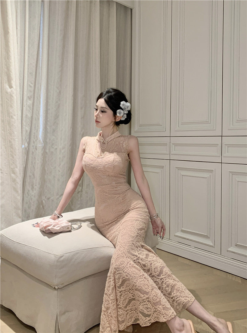 Graceful Beige Lace Sheer Sleeveless Maxi Dress Alluring Mermaid Hem Cutout Evening Parties Long Dress AP2011