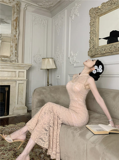 Graceful Beige Lace Sheer Sleeveless Maxi Dress Alluring Mermaid Hem Cutout Evening Parties Long Dress AP2011