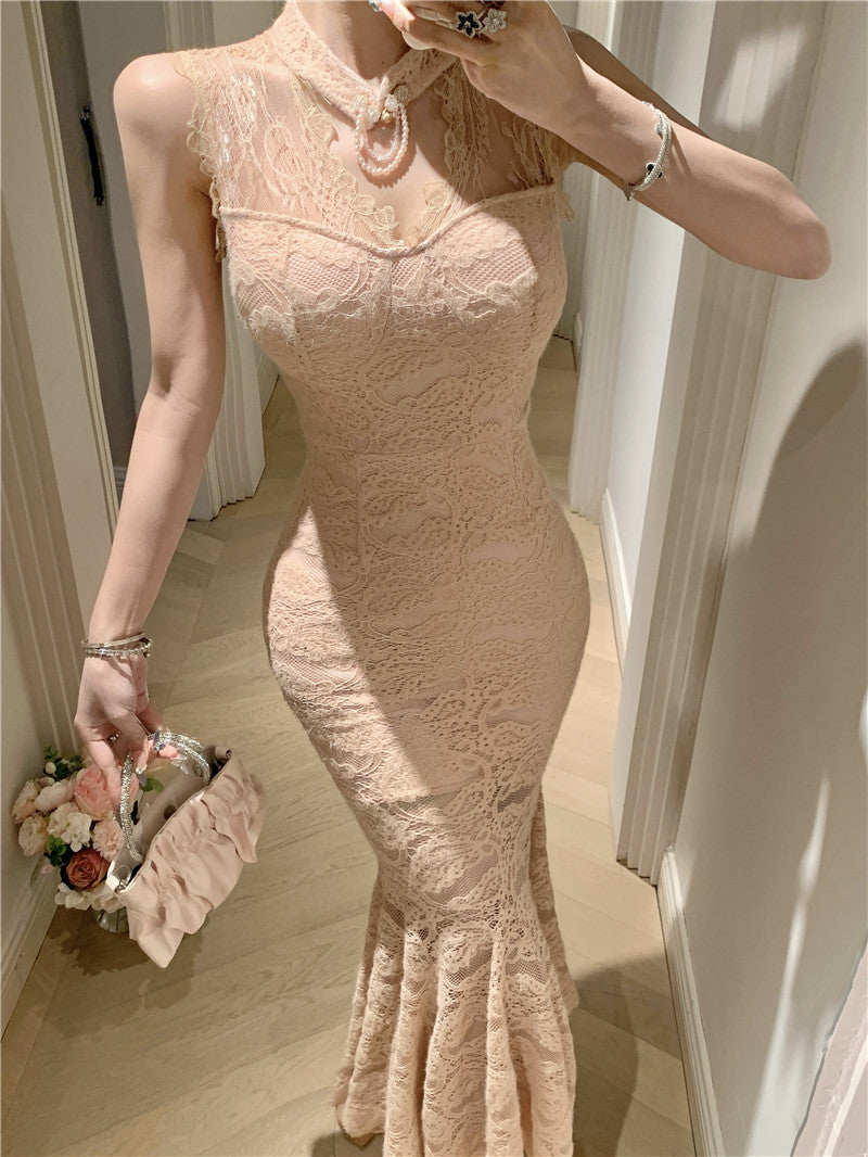 Graceful Beige Lace Sheer Sleeveless Maxi Dress Alluring Mermaid Hem Cutout Evening Parties Long Dress AP2011