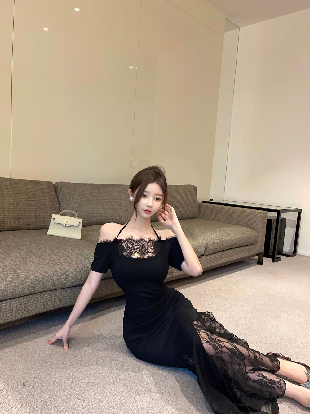 Glamorous Black Off-Shoulder Lace Panel Maxi Dress Formal Events Mermaid Hem Long Dress AP2013