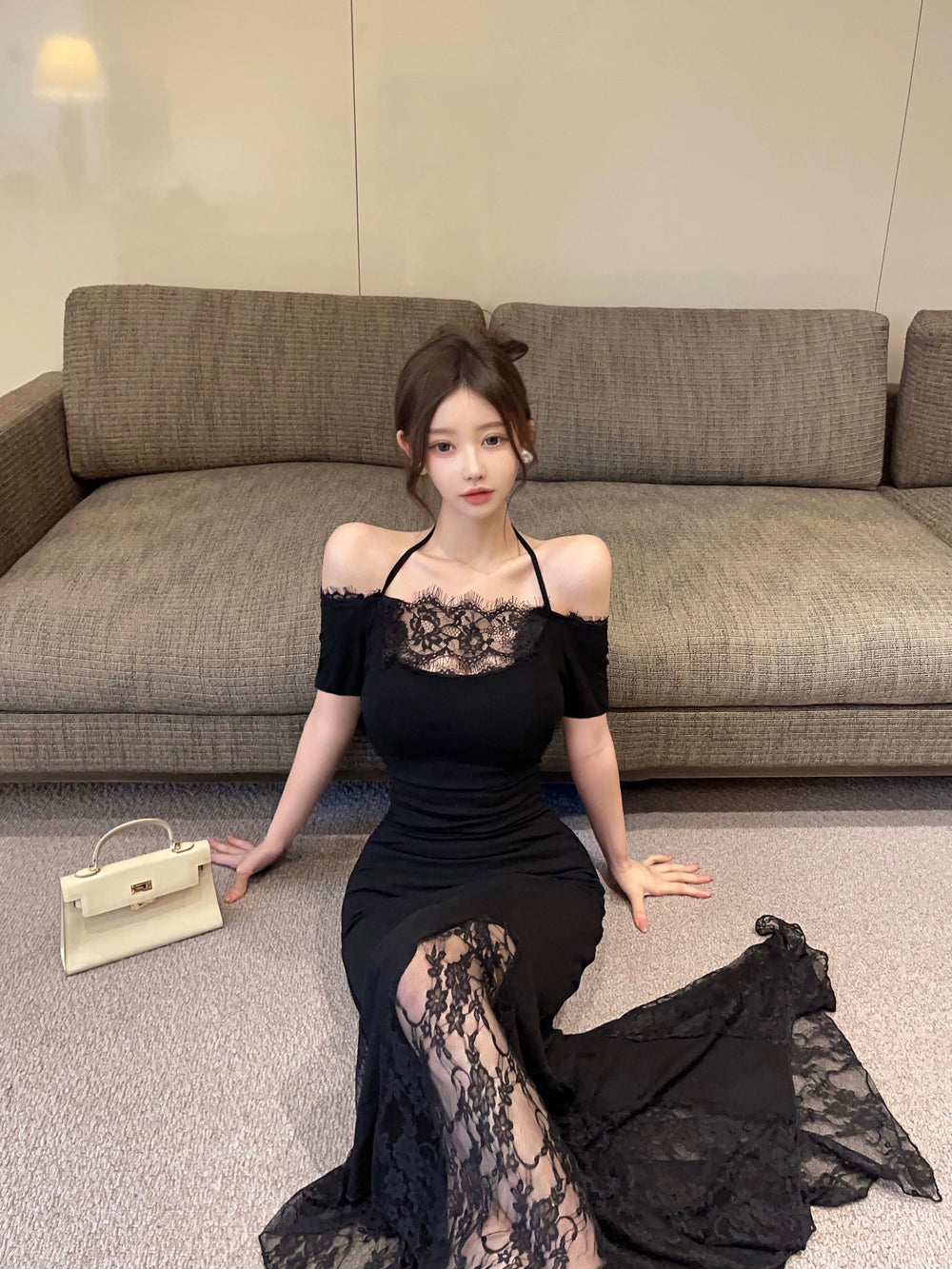 Glamorous Black Off-Shoulder Lace Panel Maxi Dress Formal Events Mermaid Hem Long Dress AP2013