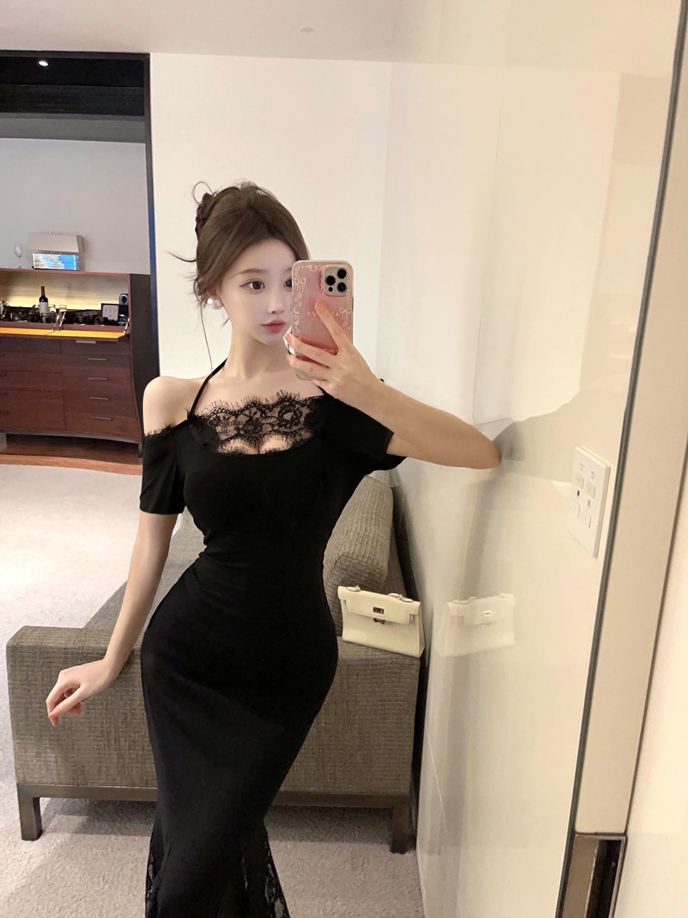 Glamorous Black Off-Shoulder Lace Panel Maxi Dress Formal Events Mermaid Hem Long Dress AP2013