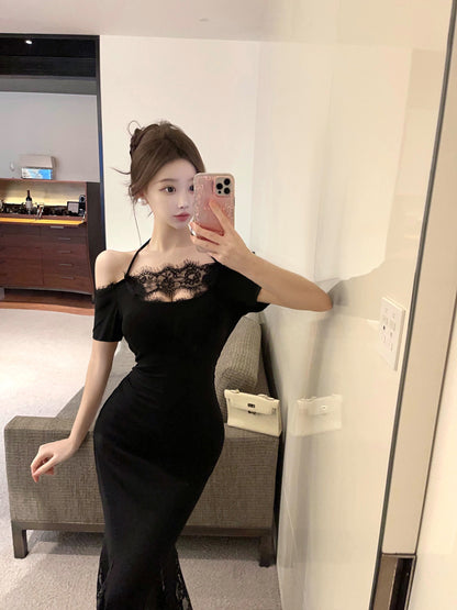 Glamorous Black Off-Shoulder Lace Panel Maxi Dress Formal Events Mermaid Hem Long Dress AP2013