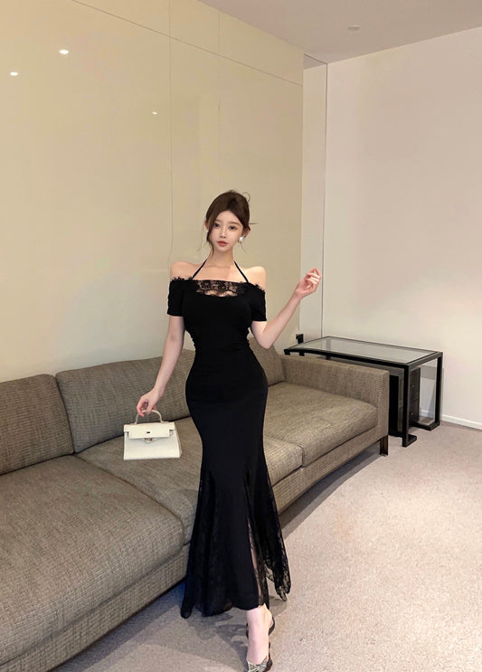 Glamorous Black Off-Shoulder Lace Panel Maxi Dress Formal Events Mermaid Hem Long Dress AP2013