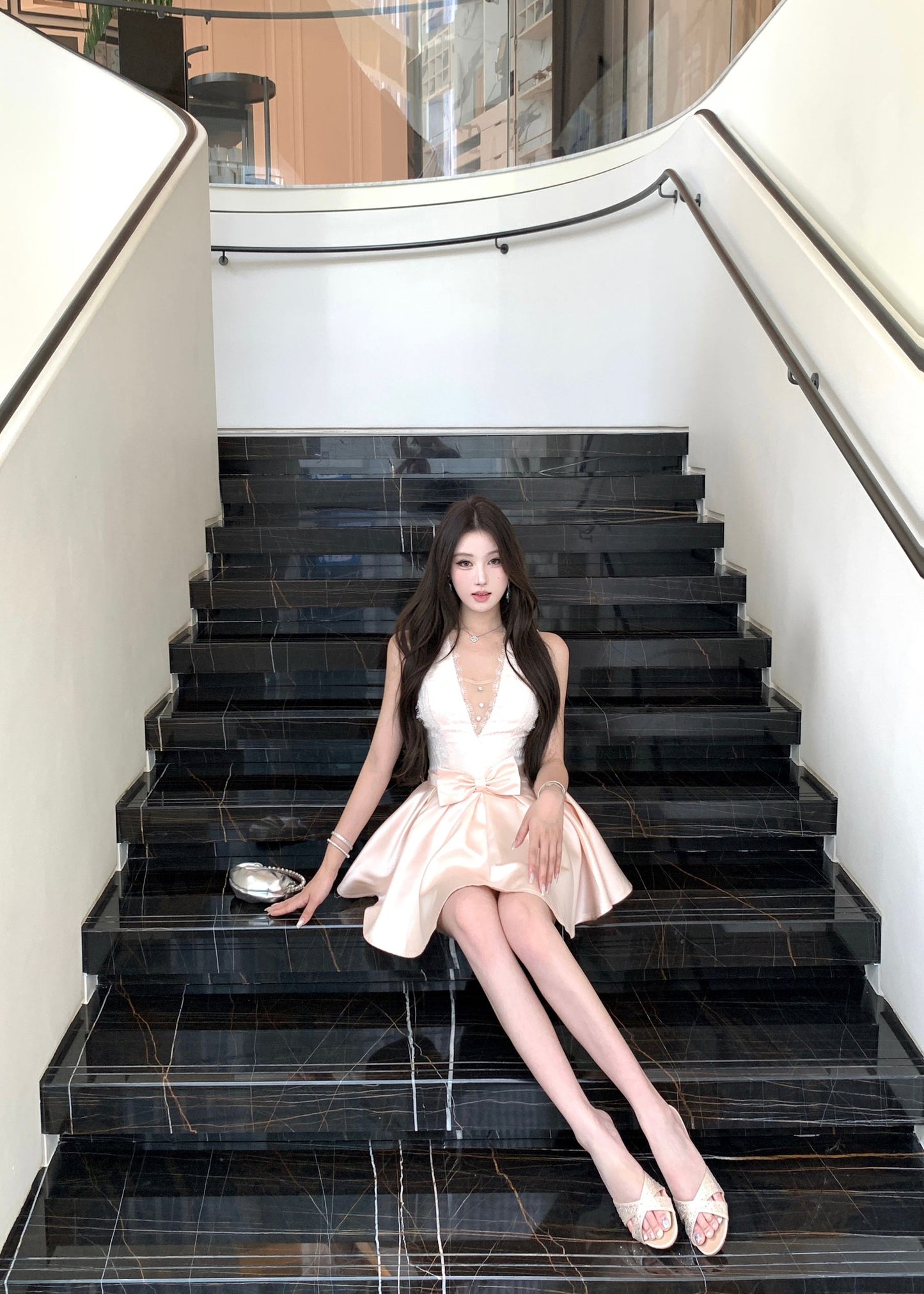 Cute White Lace Champagne Satin Mini Skirt Vogue Bow Accent Flared Hem Evening Dates Short Dress AP2014