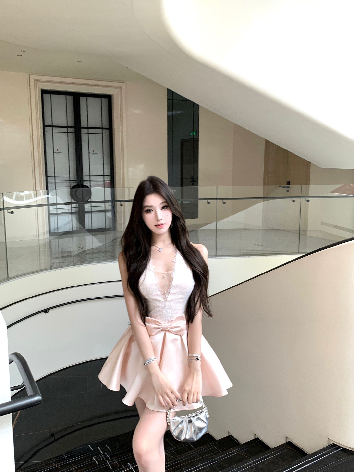 Cute White Lace Champagne Satin Mini Skirt Vogue Bow Accent Flared Hem Evening Dates Short Dress AP2014