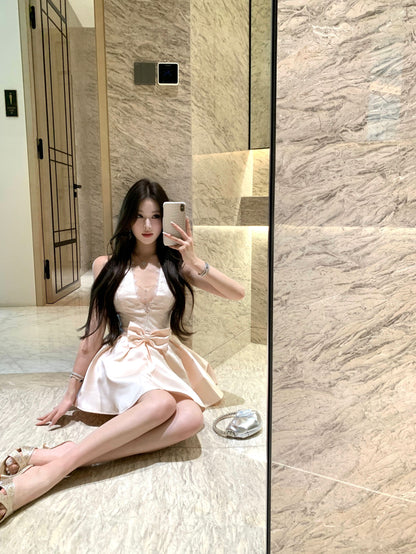 Cute White Lace Champagne Satin Mini Skirt Vogue Bow Accent Flared Hem Evening Dates Short Dress AP2014