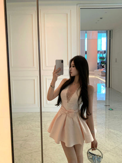 Cute White Lace Champagne Satin Mini Skirt Vogue Bow Accent Flared Hem Evening Dates Short Dress AP2014