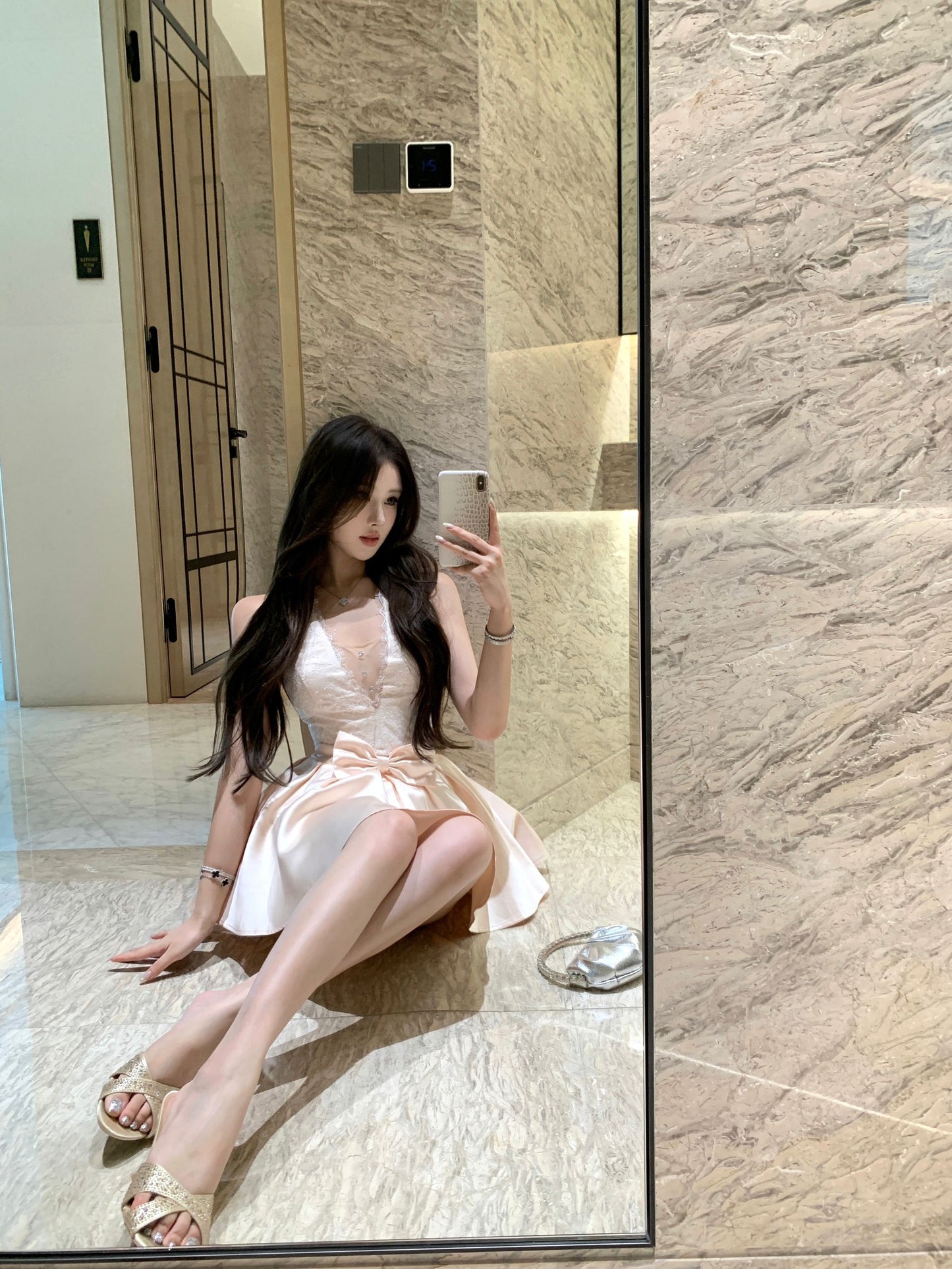 Cute White Lace Champagne Satin Mini Skirt Vogue Bow Accent Flared Hem Evening Dates Short Dress AP2014