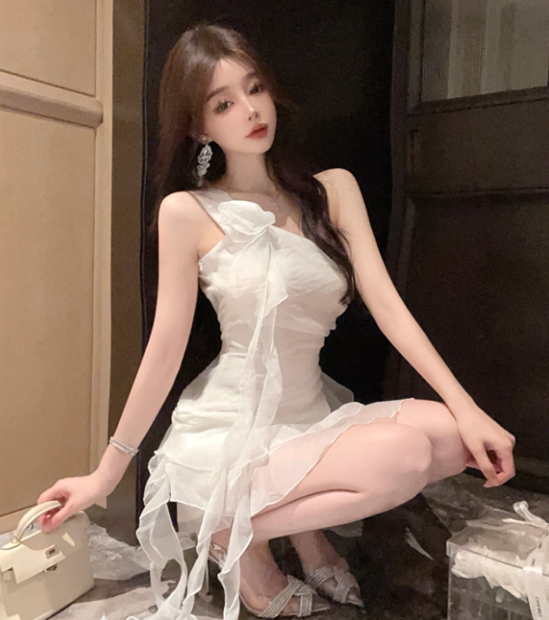 Hot Sales Ruffled Streamers One Shoulder Mini Dress Novelty Puffy Tiered Hem Cinched-Waist Short Dress AP2015