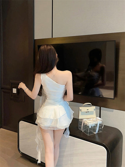 Hot Sales Ruffled Streamers One Shoulder Mini Dress Novelty Puffy Tiered Hem Cinched-Waist Short Dress AP2015