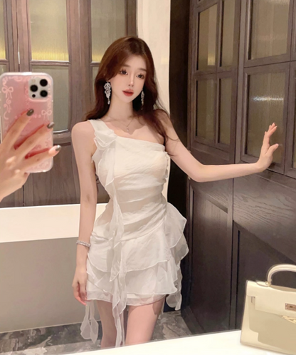 Hot Sales Ruffled Streamers One Shoulder Mini Dress Novelty Puffy Tiered Hem Cinched-Waist Short Dress AP2015