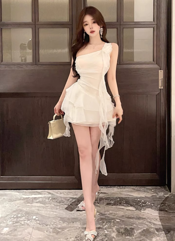 Hot Sales Ruffled Streamers One Shoulder Mini Dress Novelty Puffy Tiered Hem Cinched-Waist Short Dress AP2015