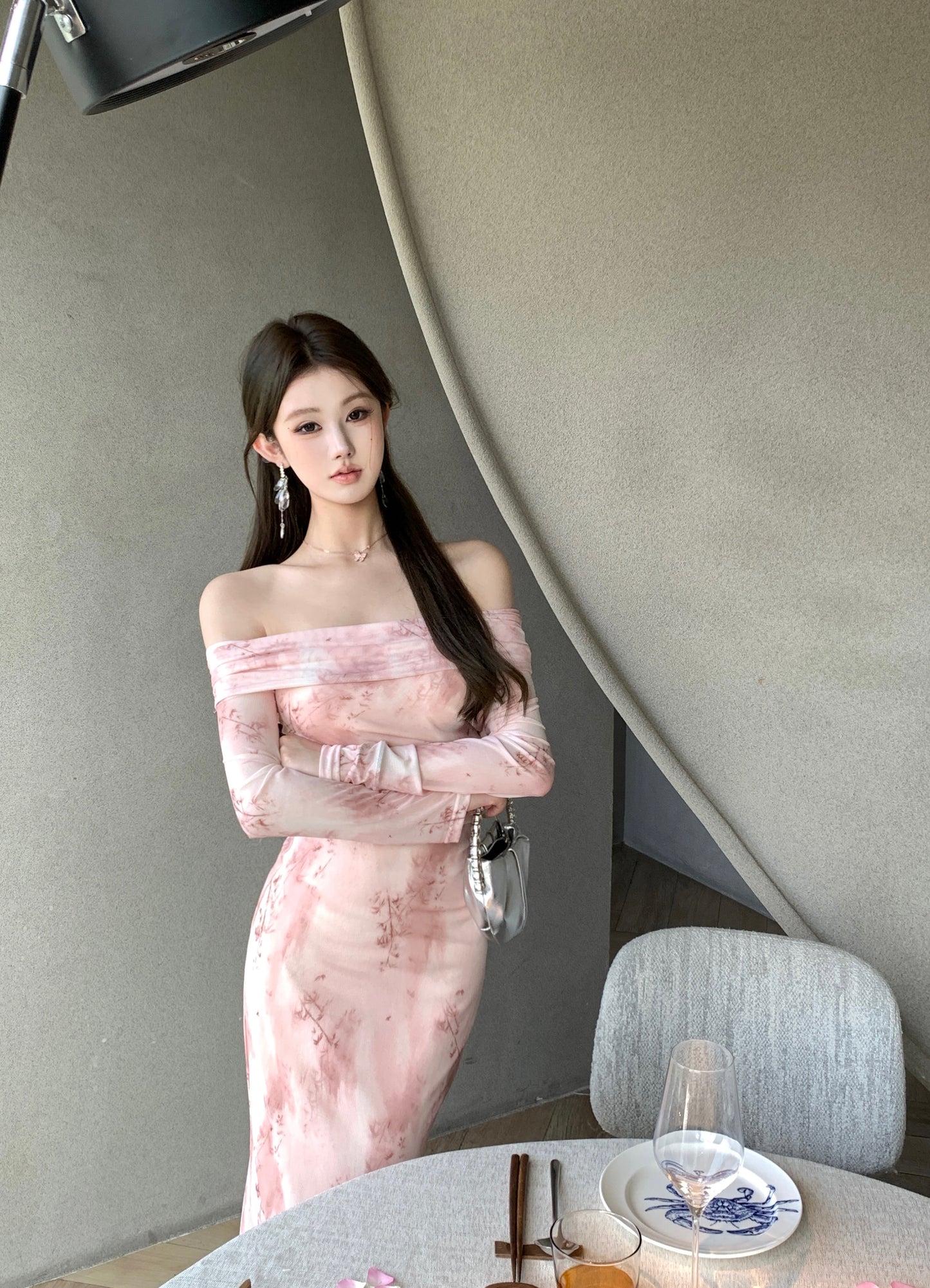 Romantic Pink Floral Print Asymmetric Neckline Maxi Dress Vogue Long Sleeve Bodycon Fit Long Dress AP2017