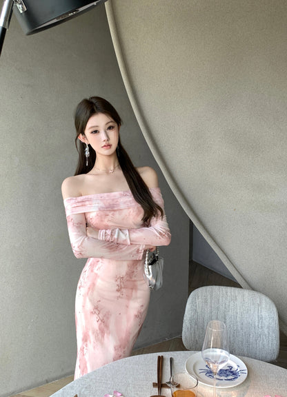 Romantic Pink Floral Print Asymmetric Neckline Maxi Dress Vogue Long Sleeve Bodycon Fit Long Dress AP2017