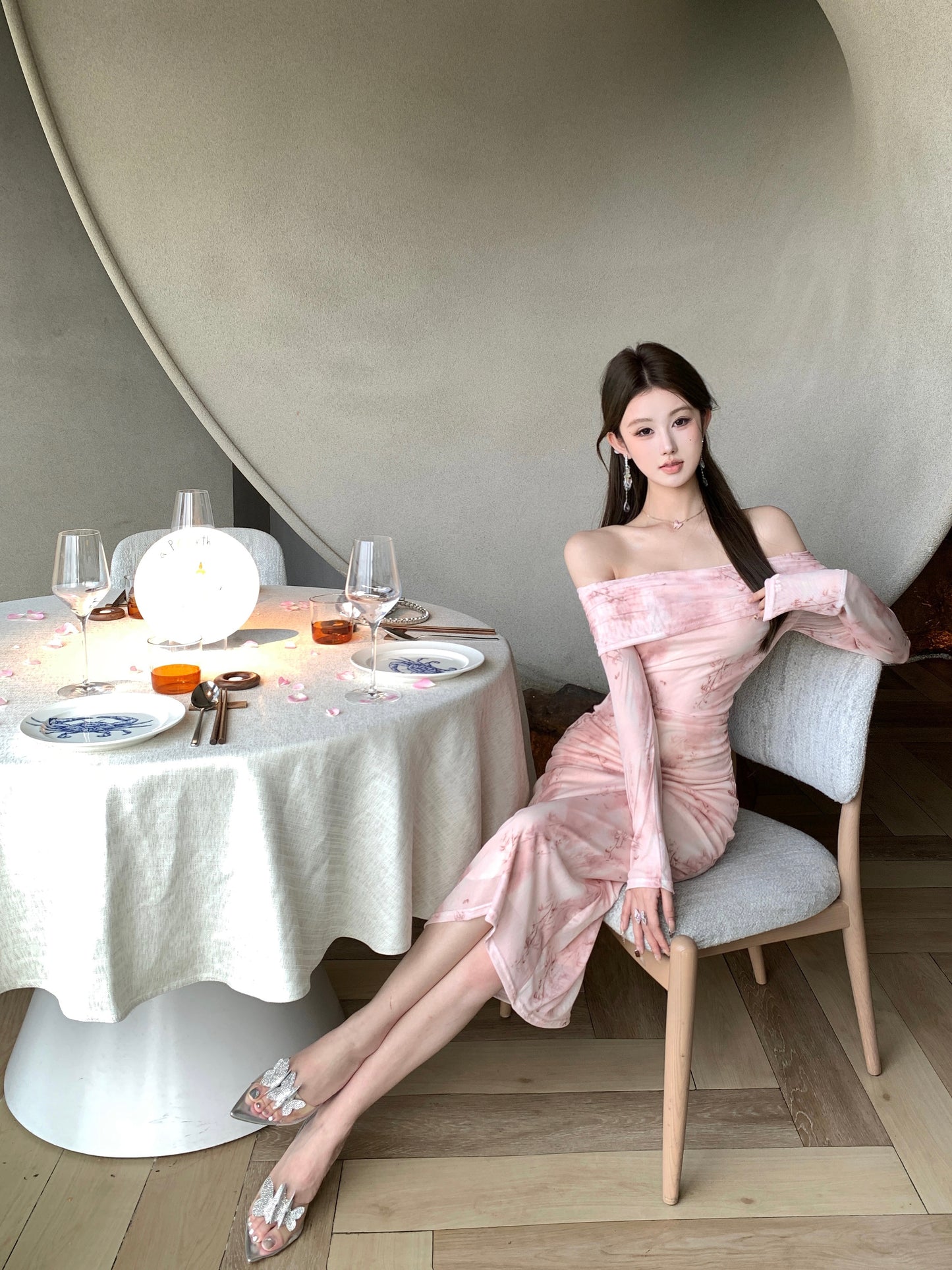 Romantic Pink Floral Print Asymmetric Neckline Maxi Dress Vogue Long Sleeve Bodycon Fit Long Dress AP2017