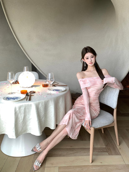 Romantic Pink Floral Print Asymmetric Neckline Maxi Dress Vogue Long Sleeve Bodycon Fit Long Dress AP2017