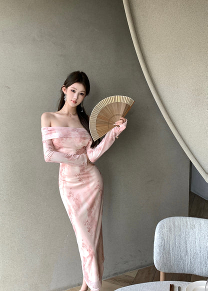 Romantic Pink Floral Print Asymmetric Neckline Maxi Dress Vogue Long Sleeve Bodycon Fit Long Dress AP2017