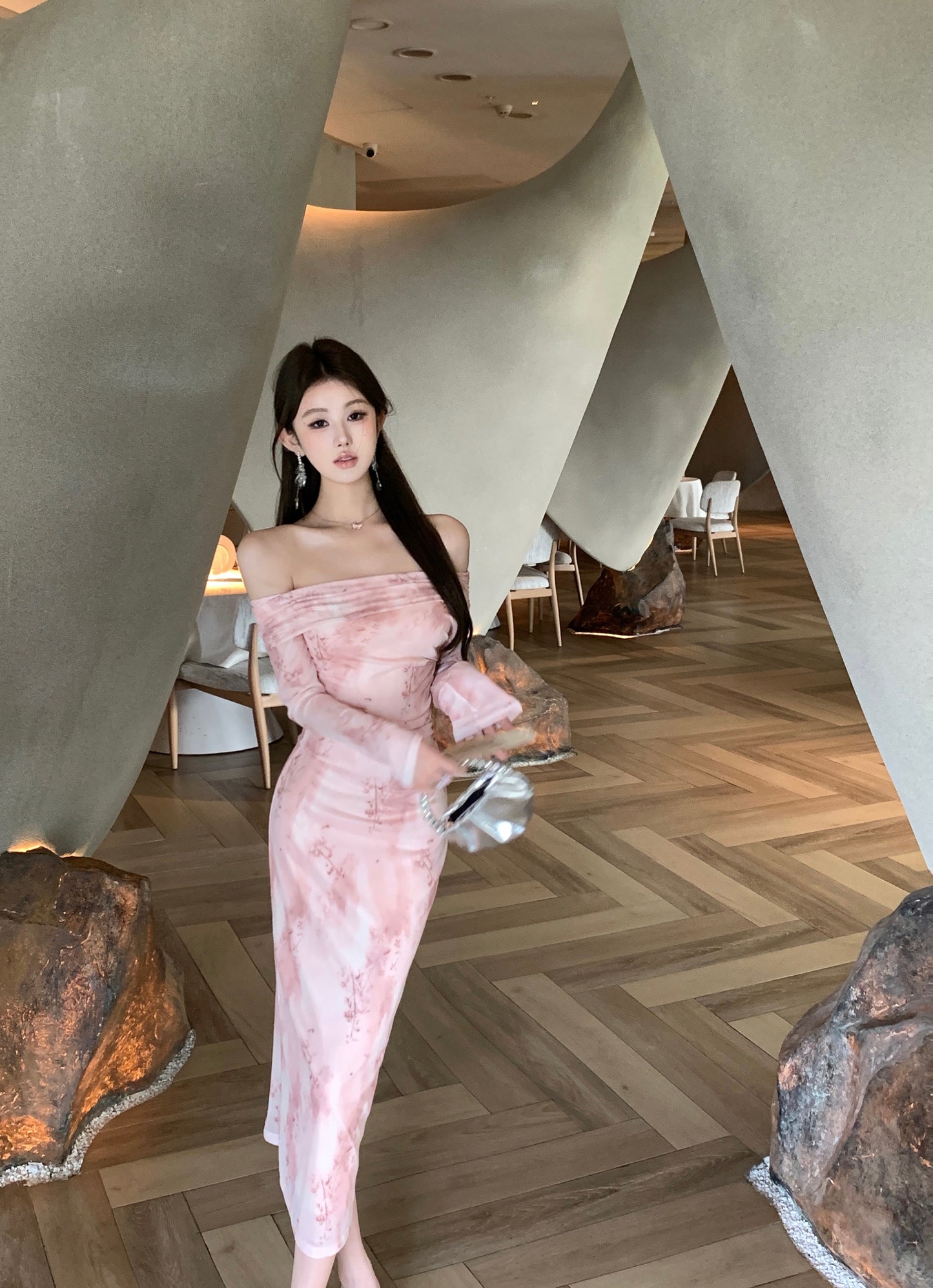 Romantic Pink Floral Print Asymmetric Neckline Maxi Dress Vogue Long Sleeve Bodycon Fit Long Dress AP2017