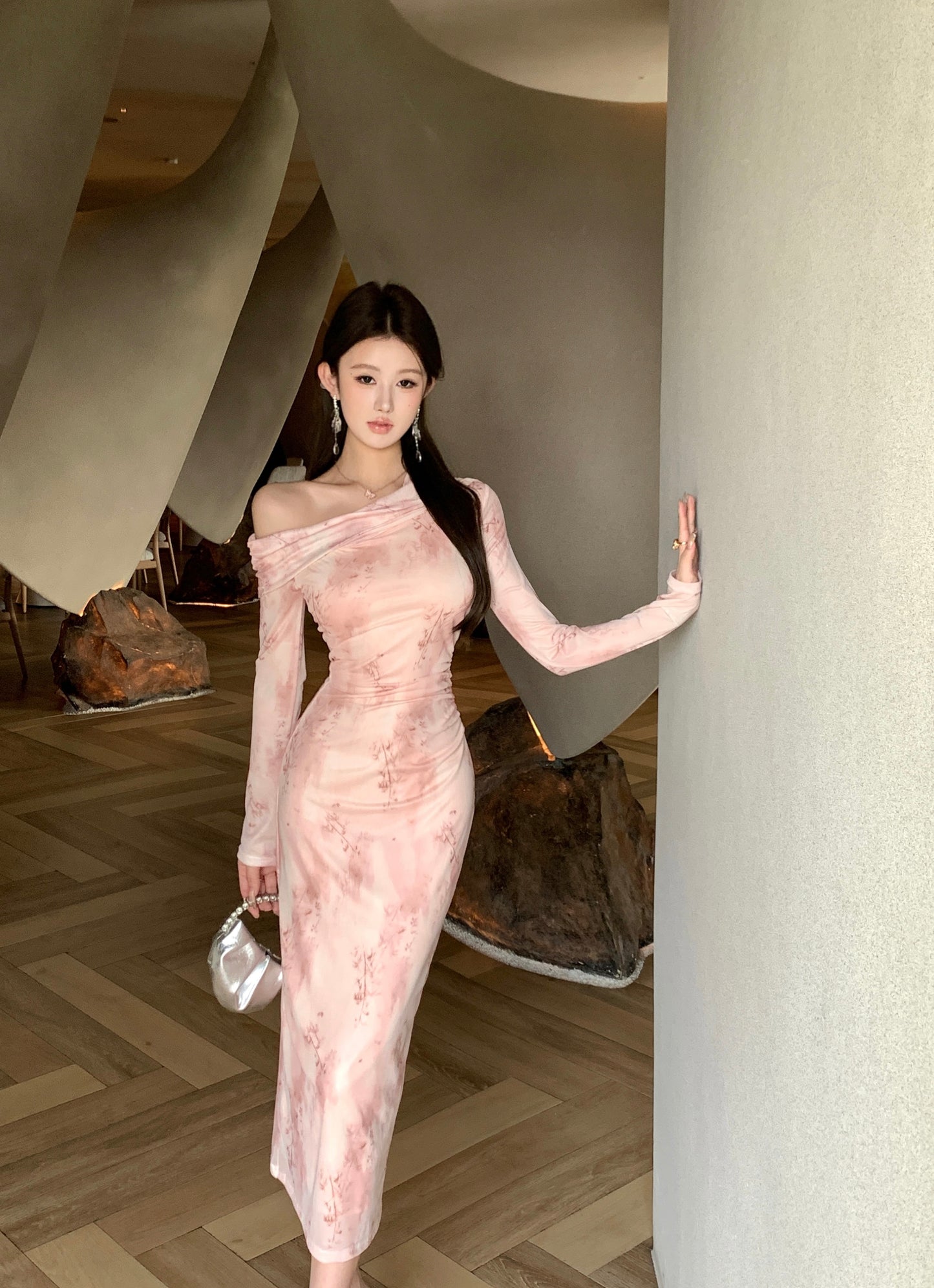 Romantic Pink Floral Print Asymmetric Neckline Maxi Dress Vogue Long Sleeve Bodycon Fit Long Dress AP2017