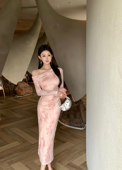 Romantic Pink Floral Print Asymmetric Neckline Maxi Dress Vogue Long Sleeve Bodycon Fit Long Dress AP2017